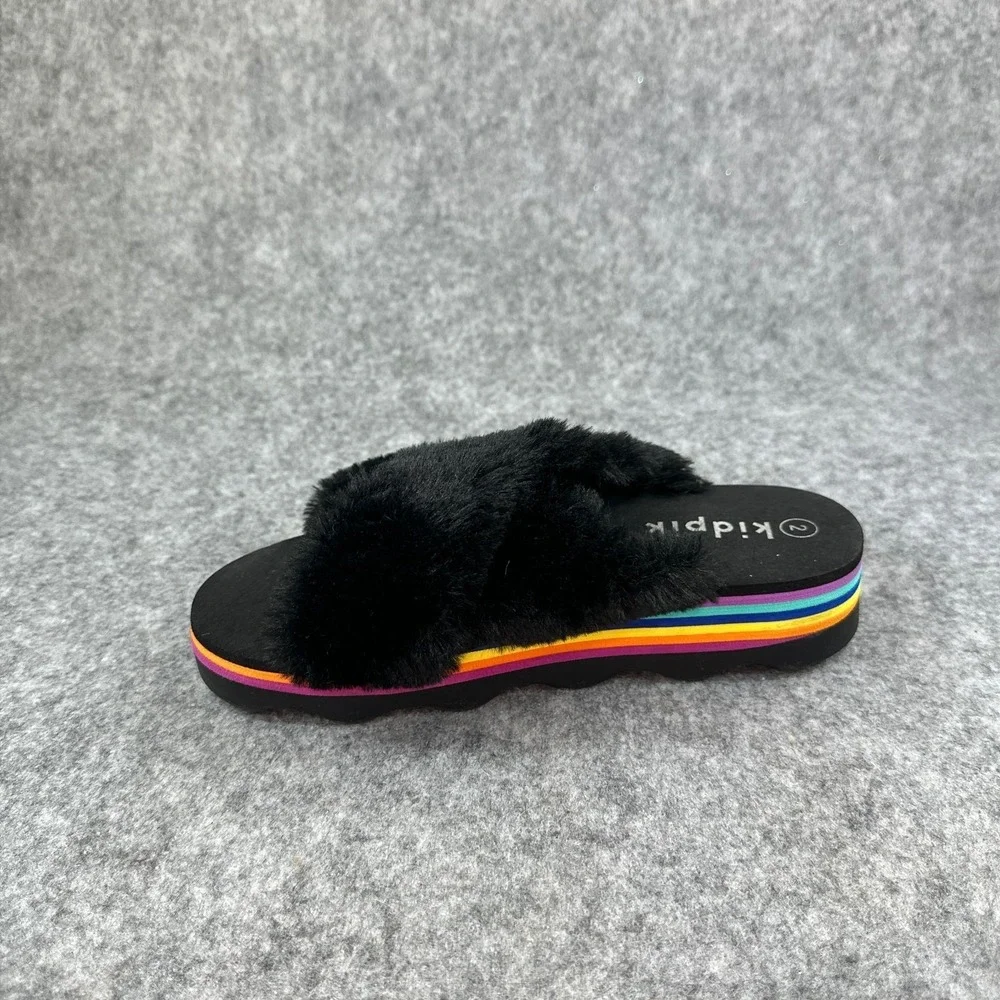 Kidpik Girls Size 2 Black Faux Fur Slide Sandals Platform Slip On Slides